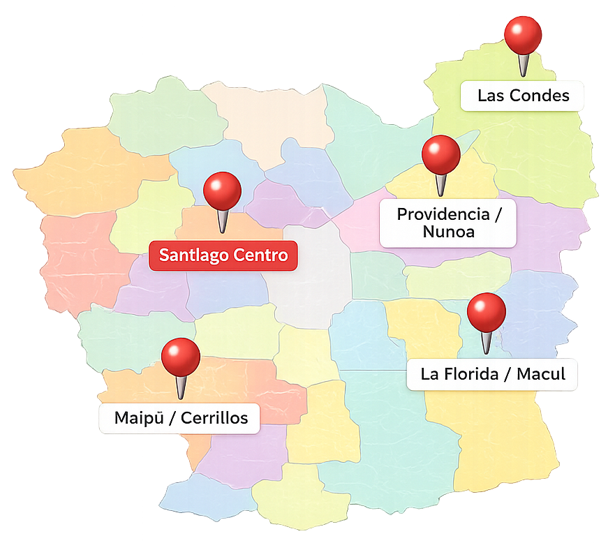 Mapa de Santiago con comunas de cobertura